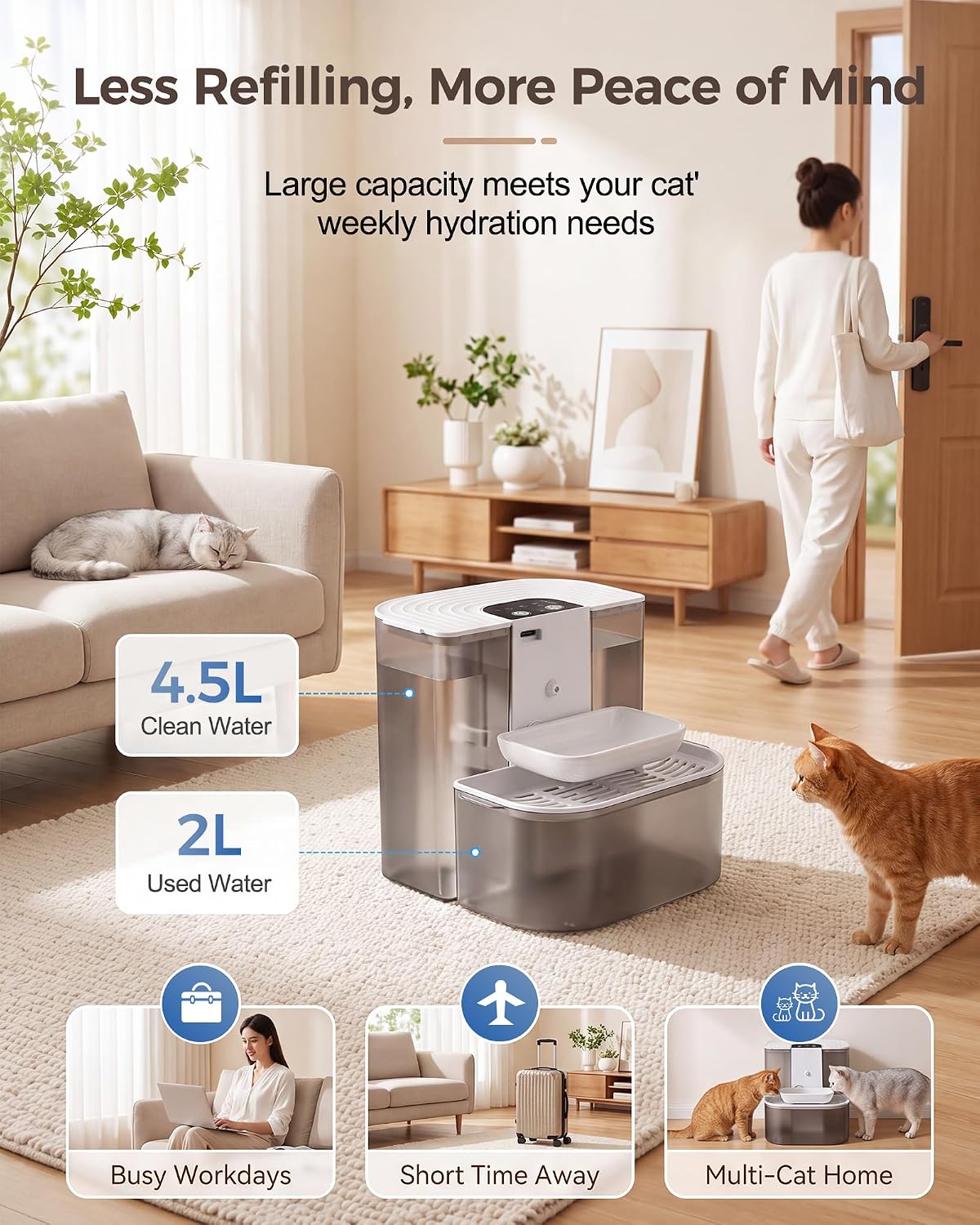 Automatic Cat Water Fountain, Dual Clean & Waste Tanks